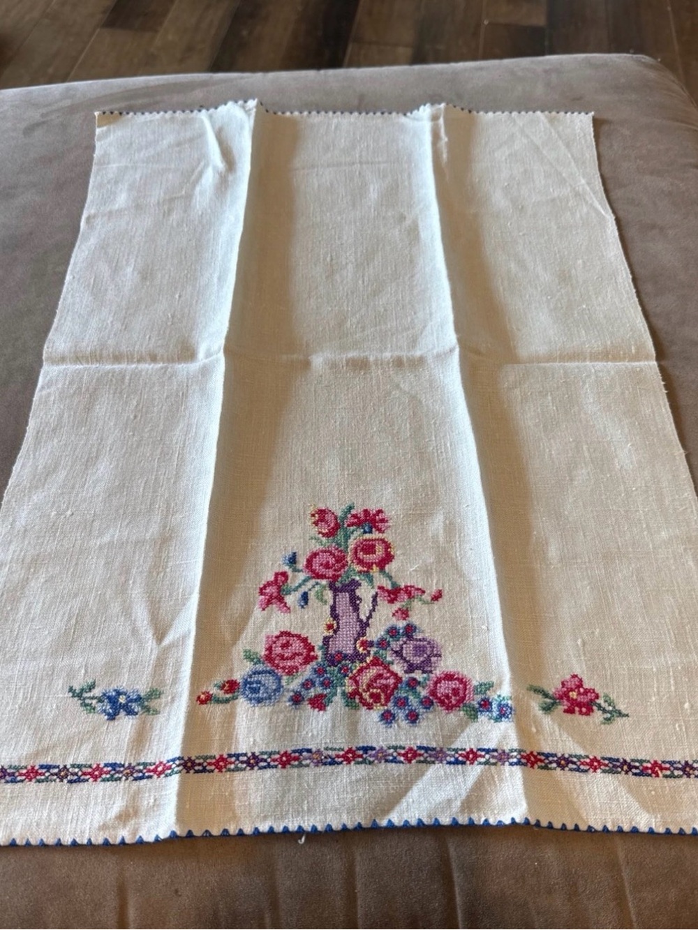 Embroidered Floral Linen Tea Towel - Cream with Pink & Blue Flowers